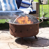 Camping or Backyard Round Cosmic Stars and Moons Fire Pit with Cooking Grill Grate, Spark Screen, and Log Poker - 30"