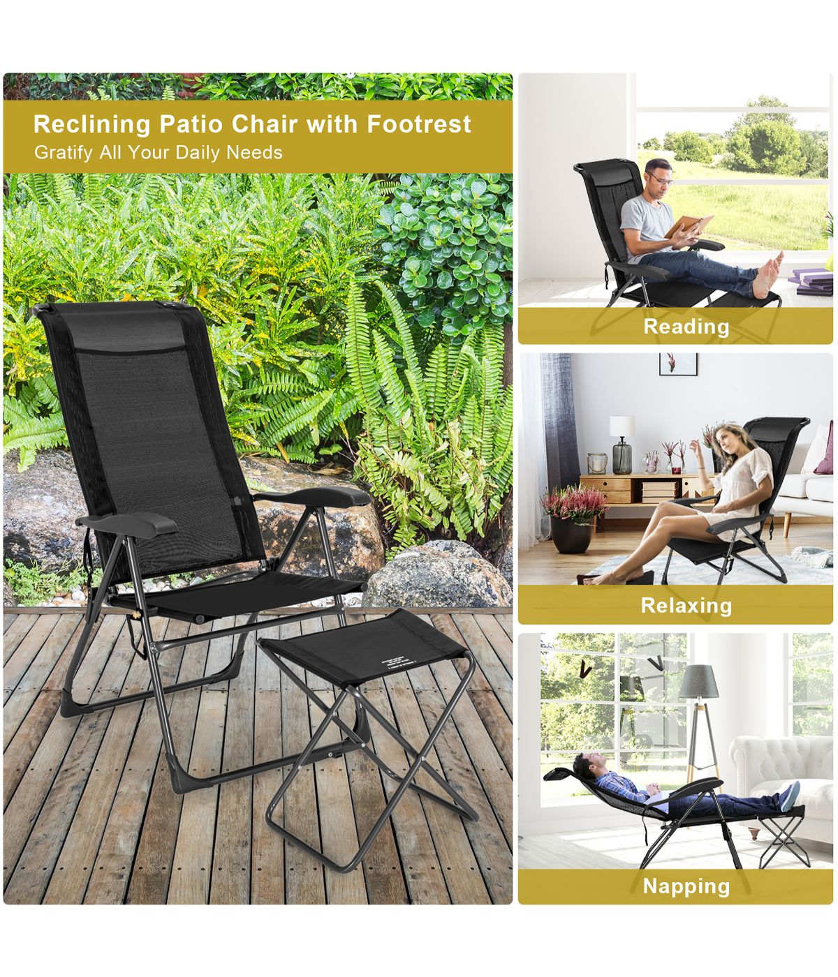 Patio Folding Dining Chair & Ottoman Set With Adjustable Back (4-Piece) Black