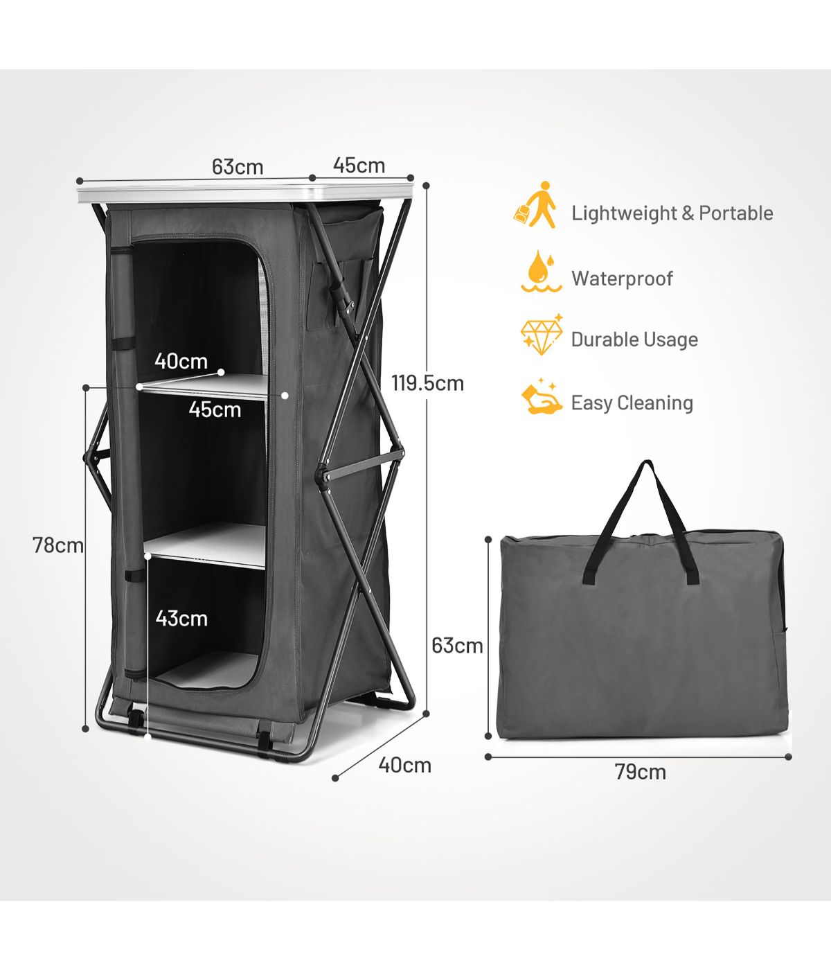 Folding Pop-Up Cupboard Compact Camping Storage Cabinet With Bag Gray