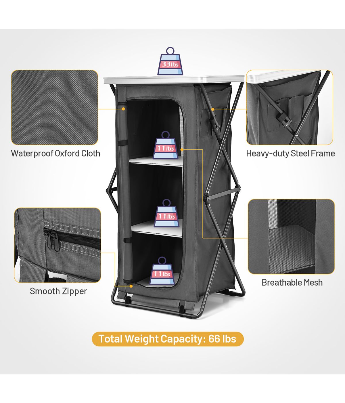 Folding Pop-Up Cupboard Compact Camping Storage Cabinet With Bag Gray