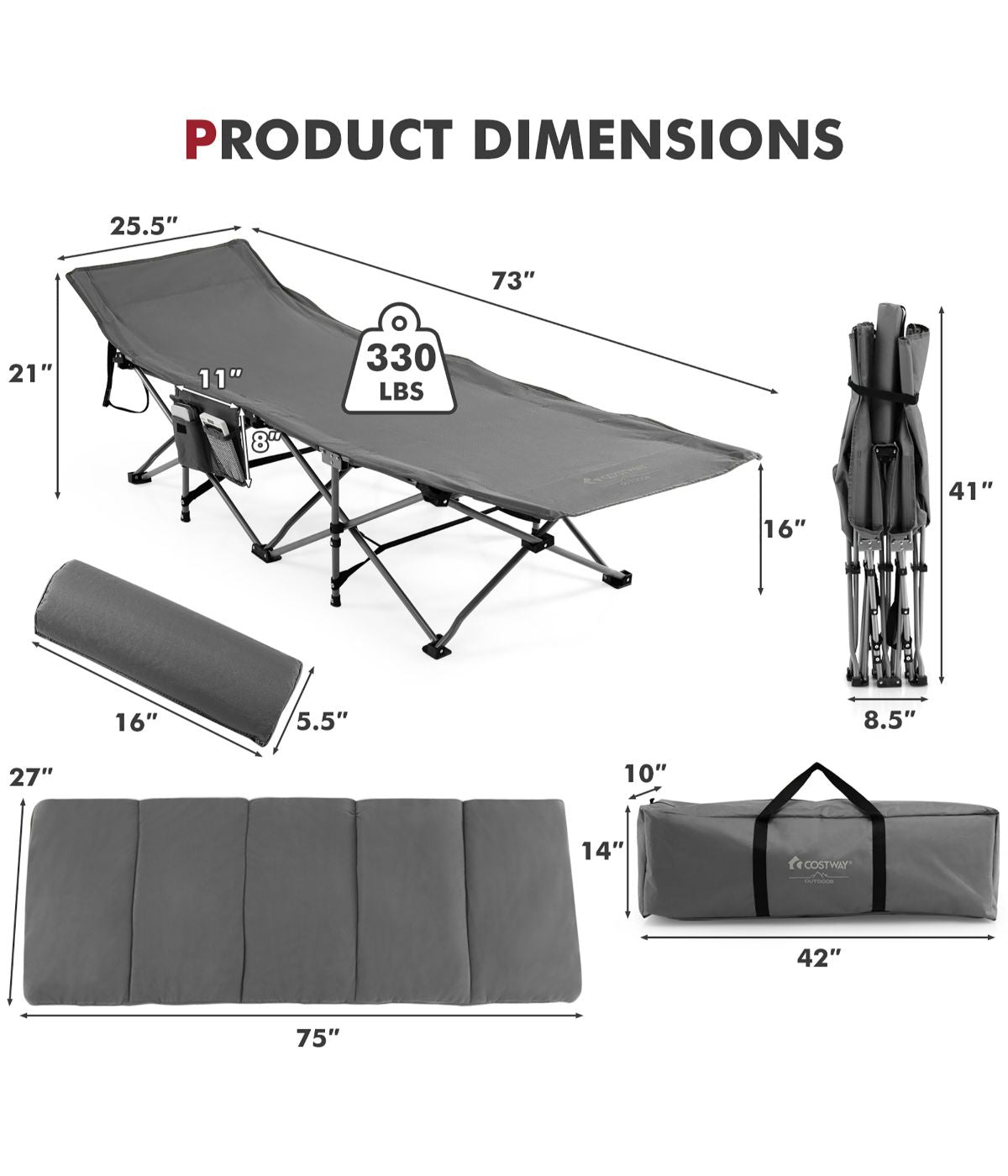 Folding Retractable Travel Camping Cot With Removable Mattress & Carry Bag Grey