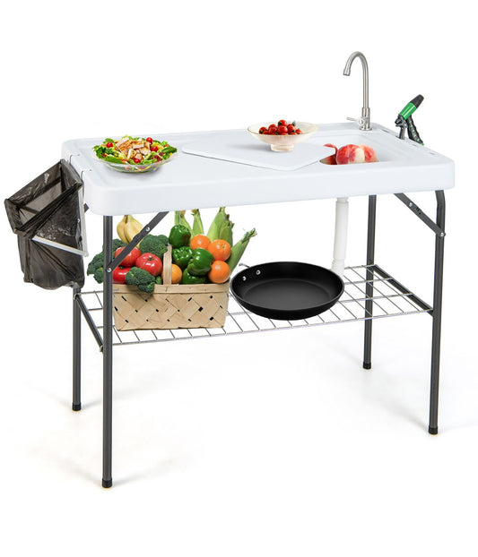 Folding Portable Fish Cleaning Camping Table With Faucet Hose Grid Rack White