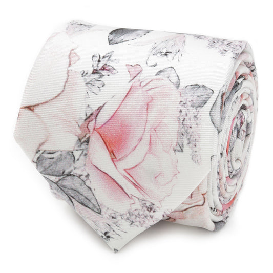 Painted-Floral-Gray-Silk-Mens-Tie-White-1