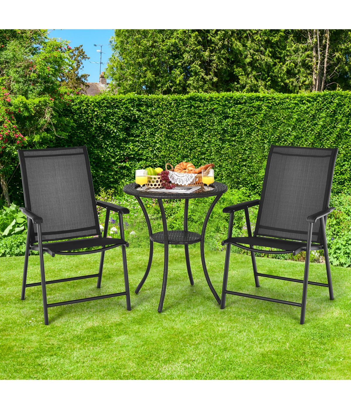 Patio Folding Dining Portable Camping Chairs For Garden With Armrest Set of 2 Black