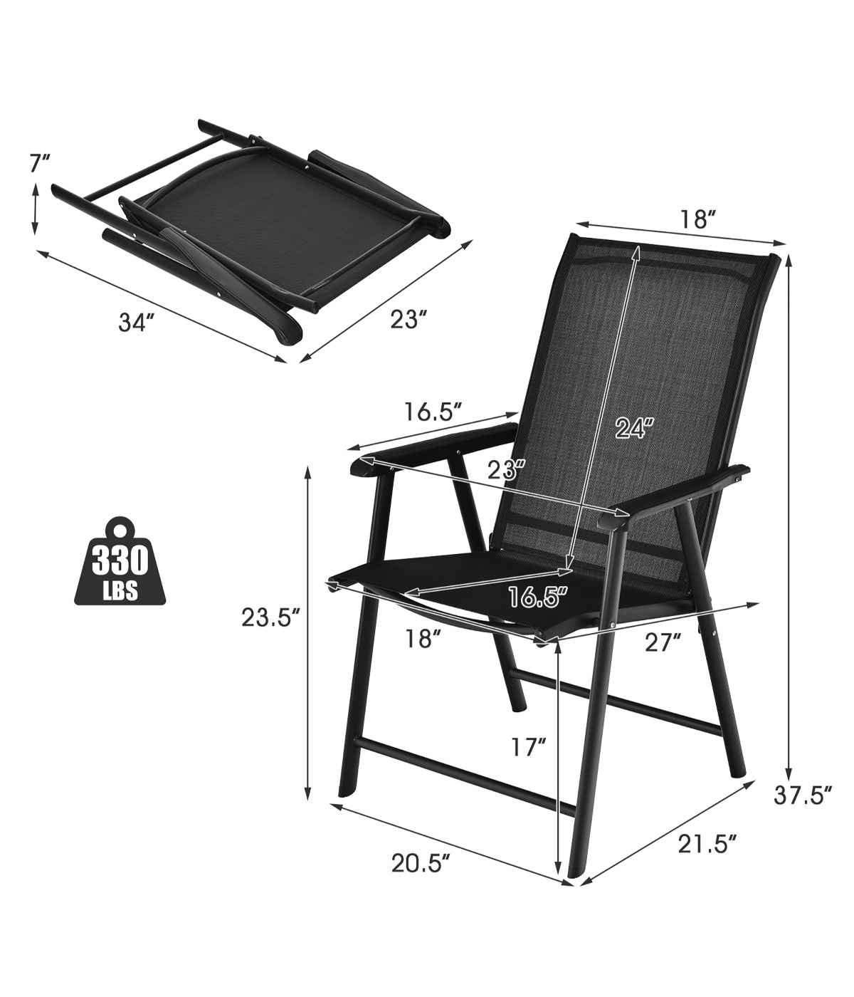 Patio Folding Dining Portable Camping Chairs For Garden With Armrest Set of 2 Black