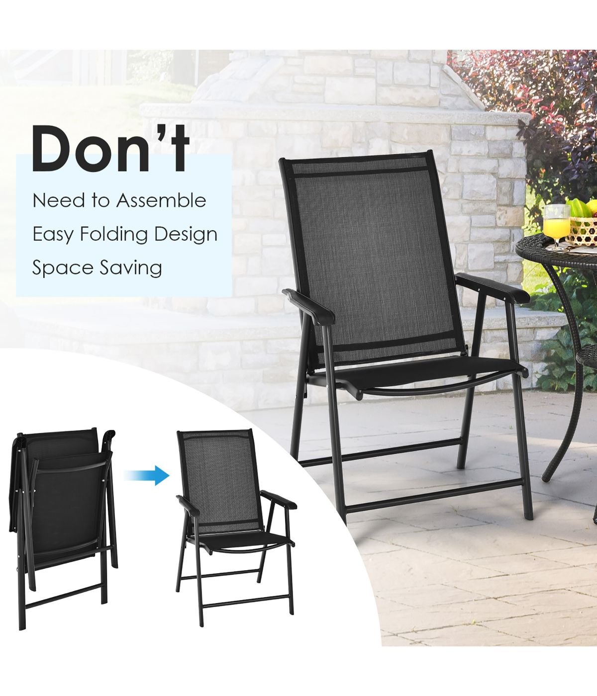 Patio Folding Dining Portable Camping Chairs For Garden With Armrest Set of 2 Black