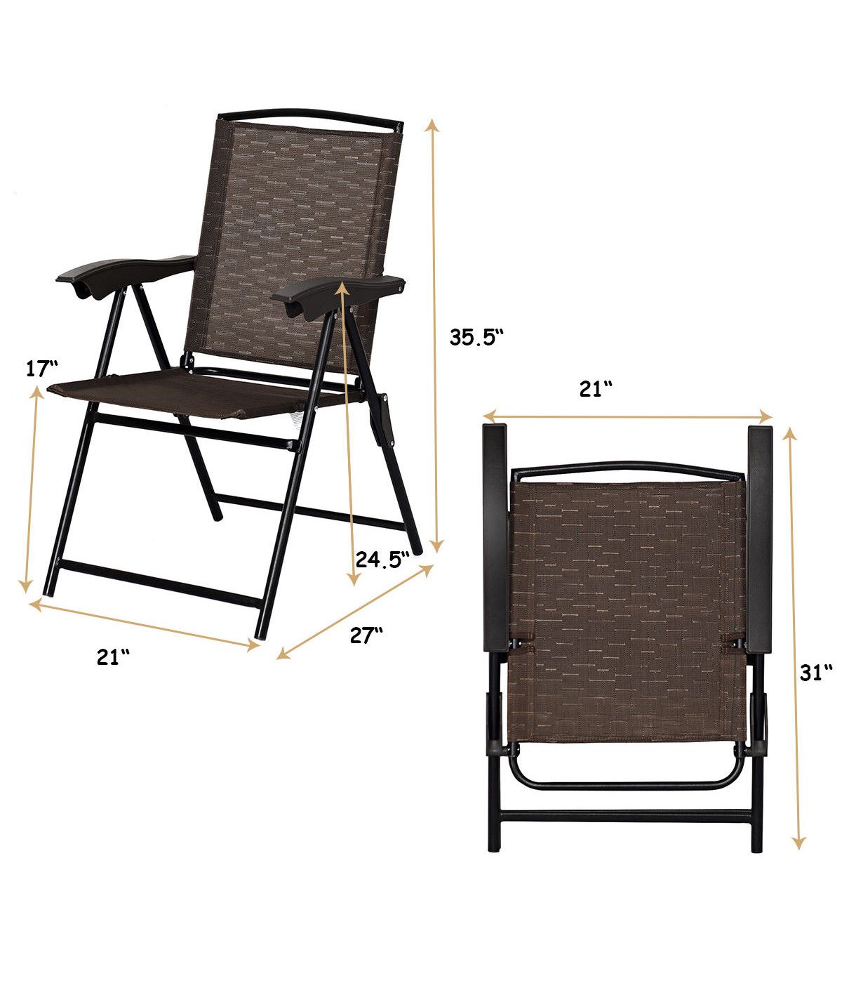 Folding Sling Steel Chairs For Patio Garden With Armrest & Adjustable Back Set of 4 Brown & Black