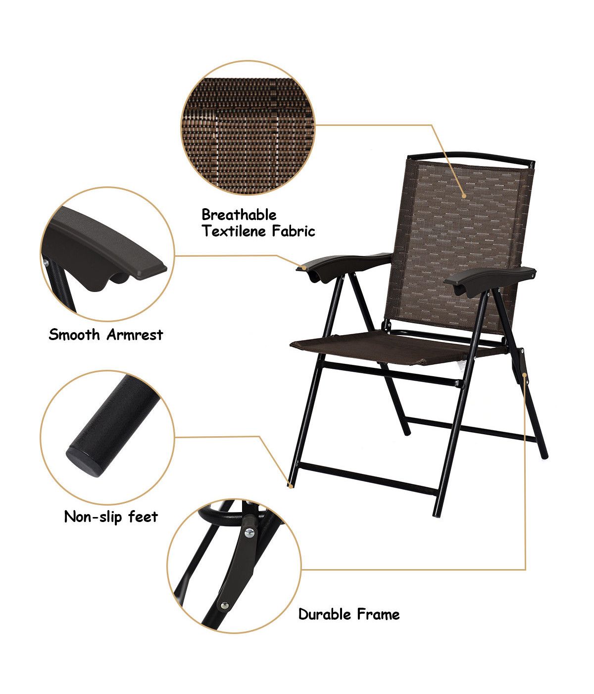 Folding Sling Steel Chairs For Patio Garden With Armrest & Adjustable Back Set of 4 Brown & Black