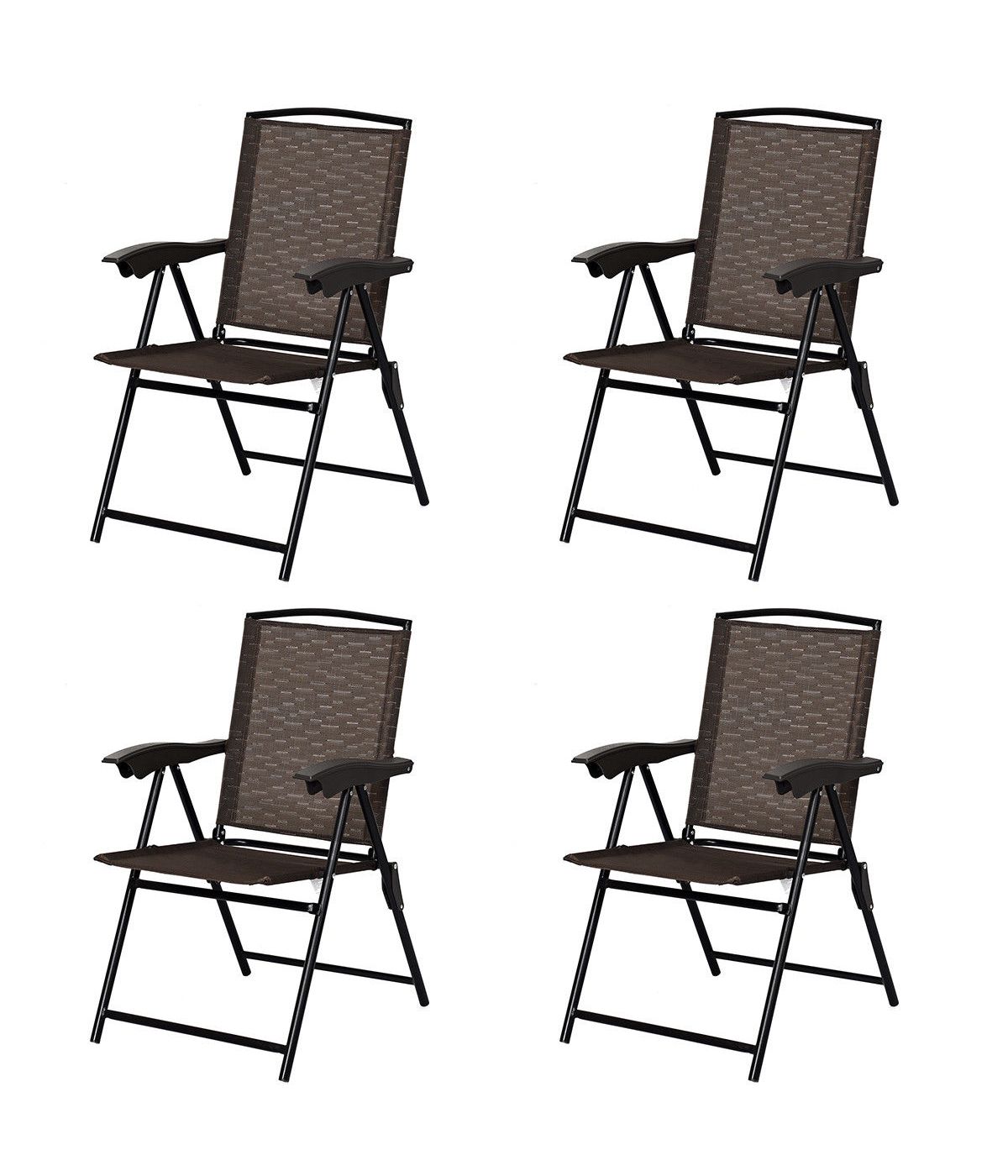 Folding Sling Steel Chairs For Patio Garden With Armrest & Adjustable Back Set of 4 Brown & Black