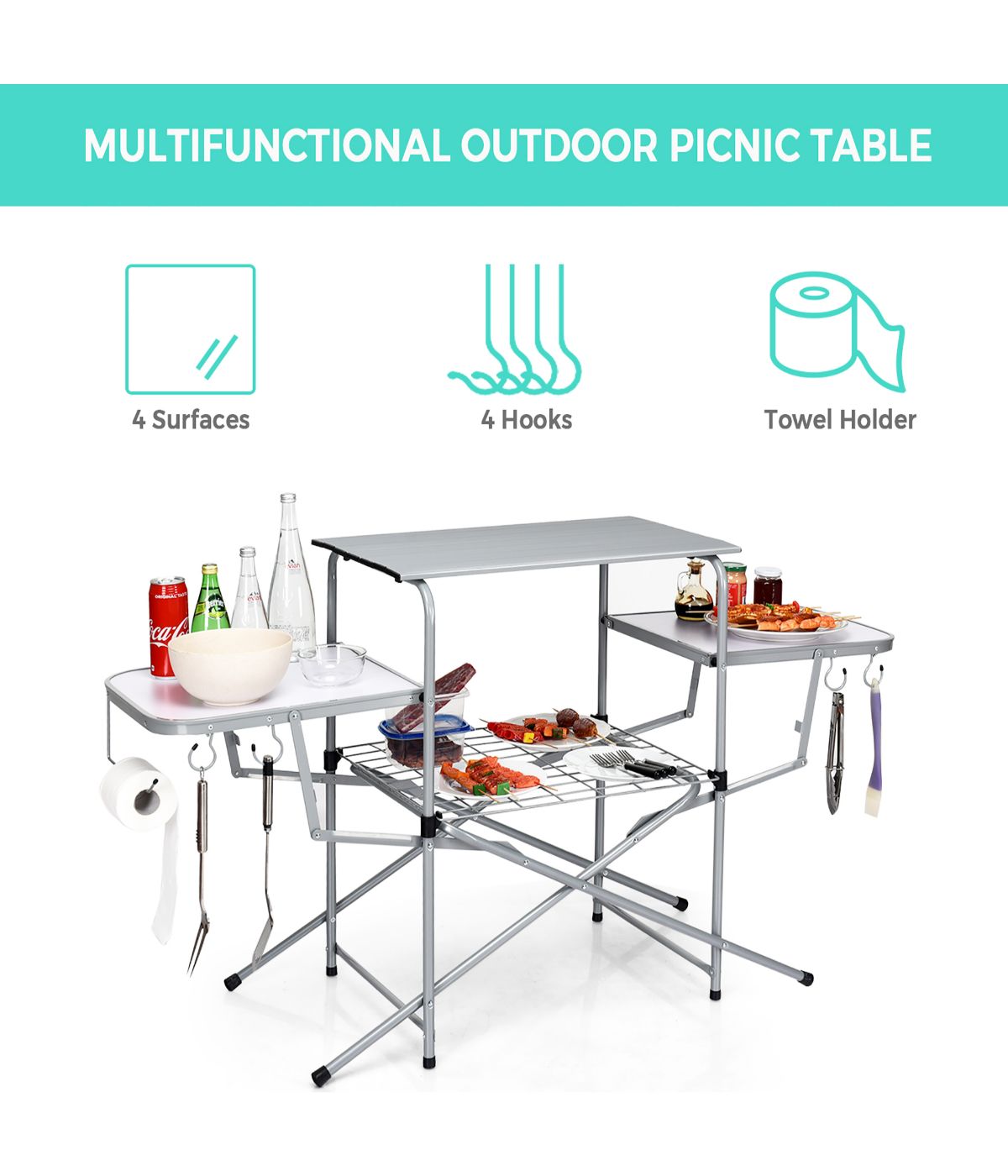 Foldable Kitchen Portable Grilling BBQ Table For Camping Light gray