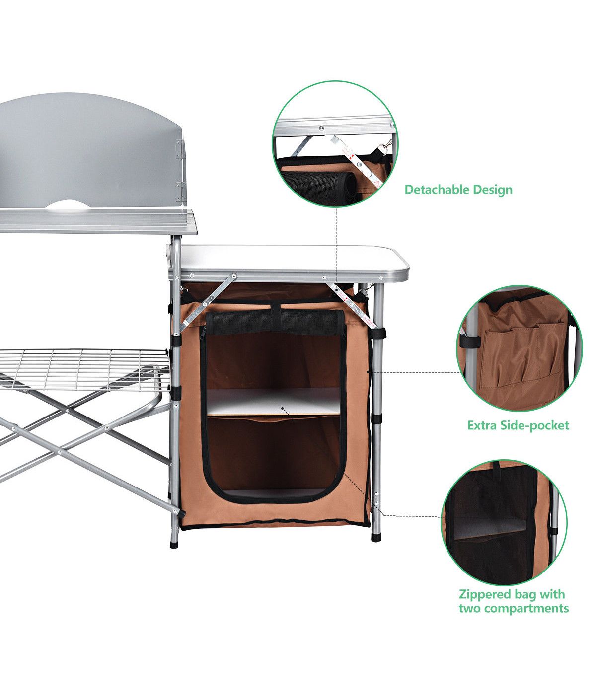 Foldable BBQ Portable Grilling Camping Table With Windscreen Bag Silver