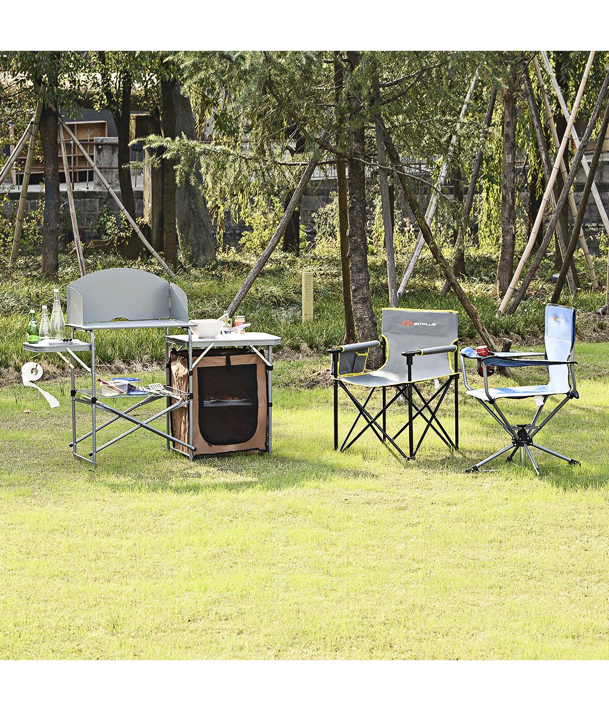 Foldable BBQ Portable Grilling Camping Table With Windscreen Bag Silver