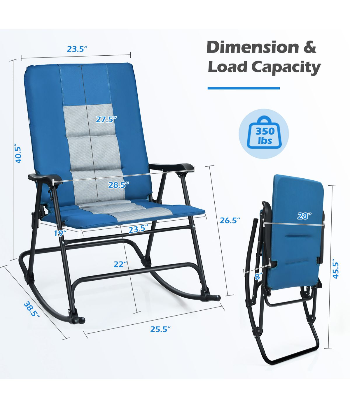 Foldable Rocking Padded Portable Camping Chair With Backrest & Armrest Blue