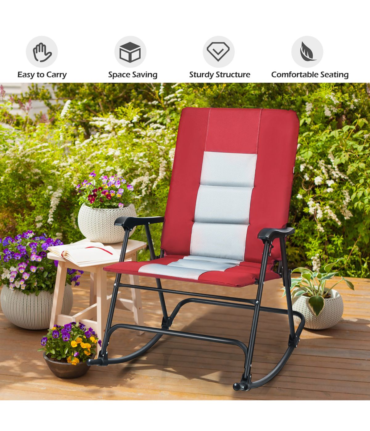 Foldable Rocking Padded Portable Camping Chair With Backrest Armrest Red