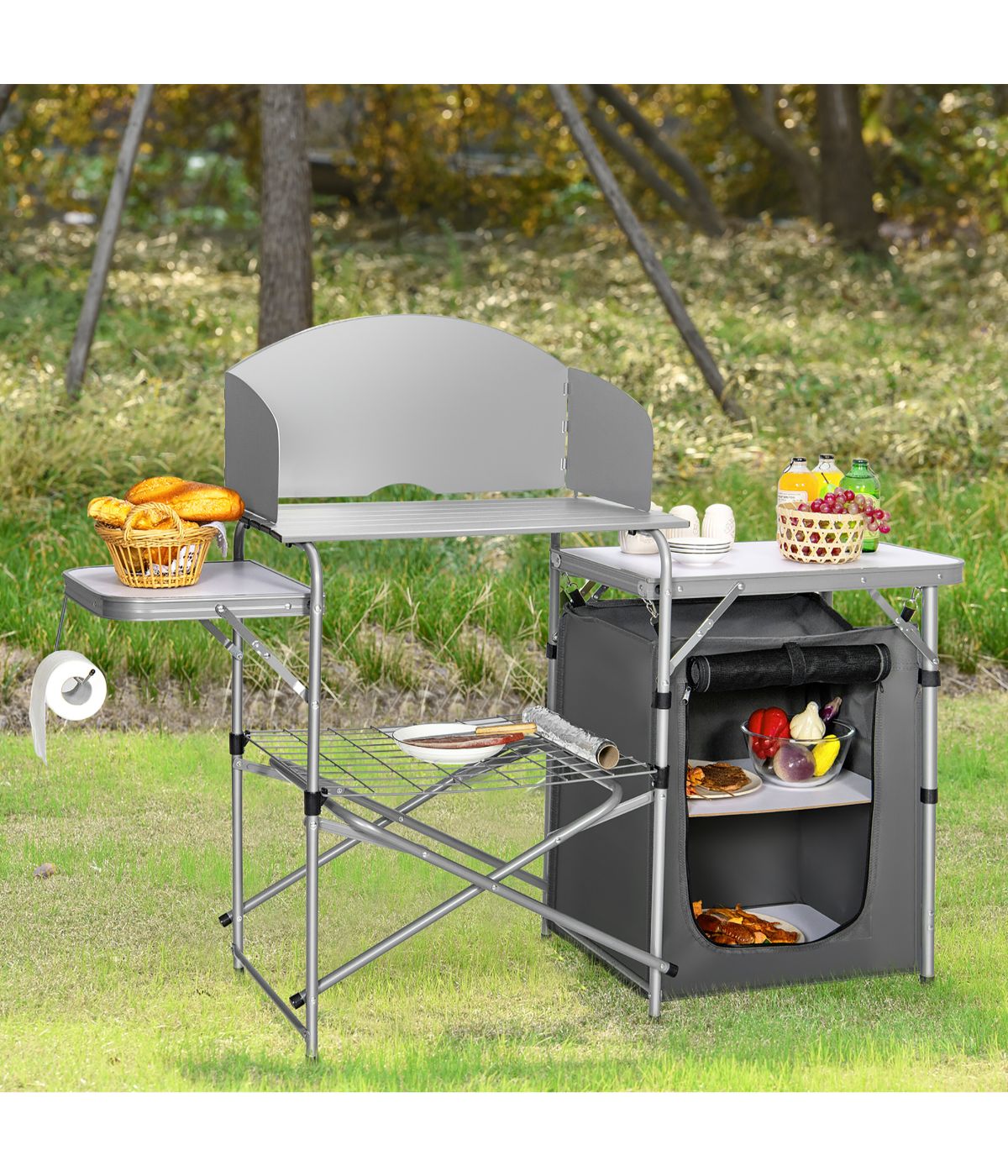 Foldable BBQ Portable Grilling Camping Table With Windscreen Bag Grey