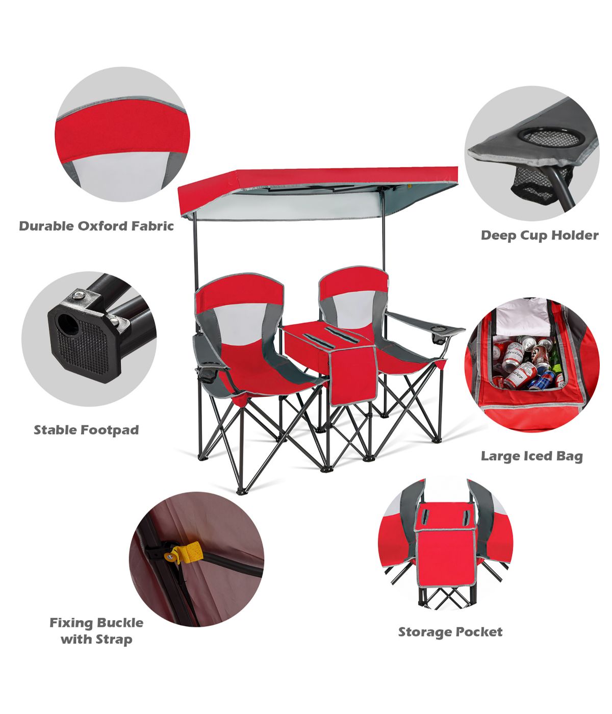 Portable Folding Camping Canopy Chairs With Cup Holder Cooler Outdoor Red