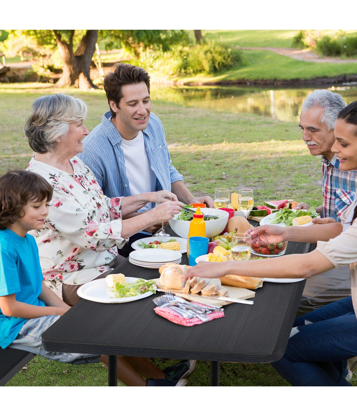 Foldable Camping Picnic Table Bench Set For Patio & Backyard Black