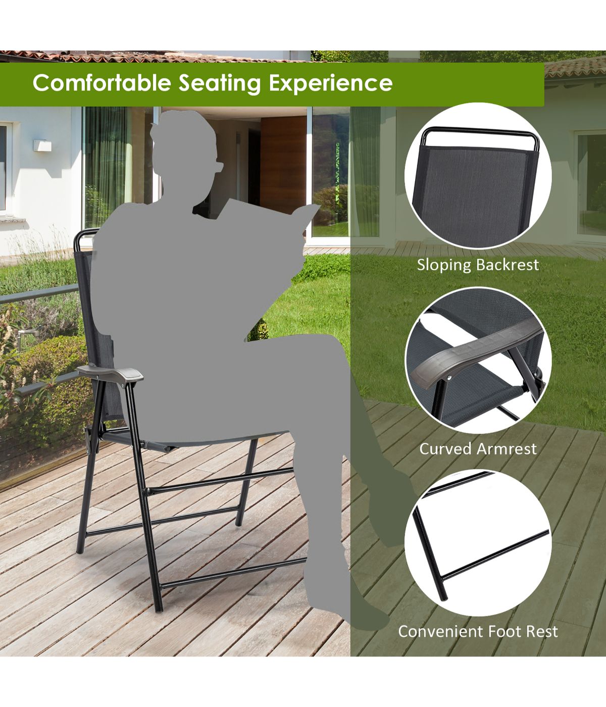 Outdoor Patio Folding Portable Chair For Lawn Garden With Armrest Set of 4 Fossil