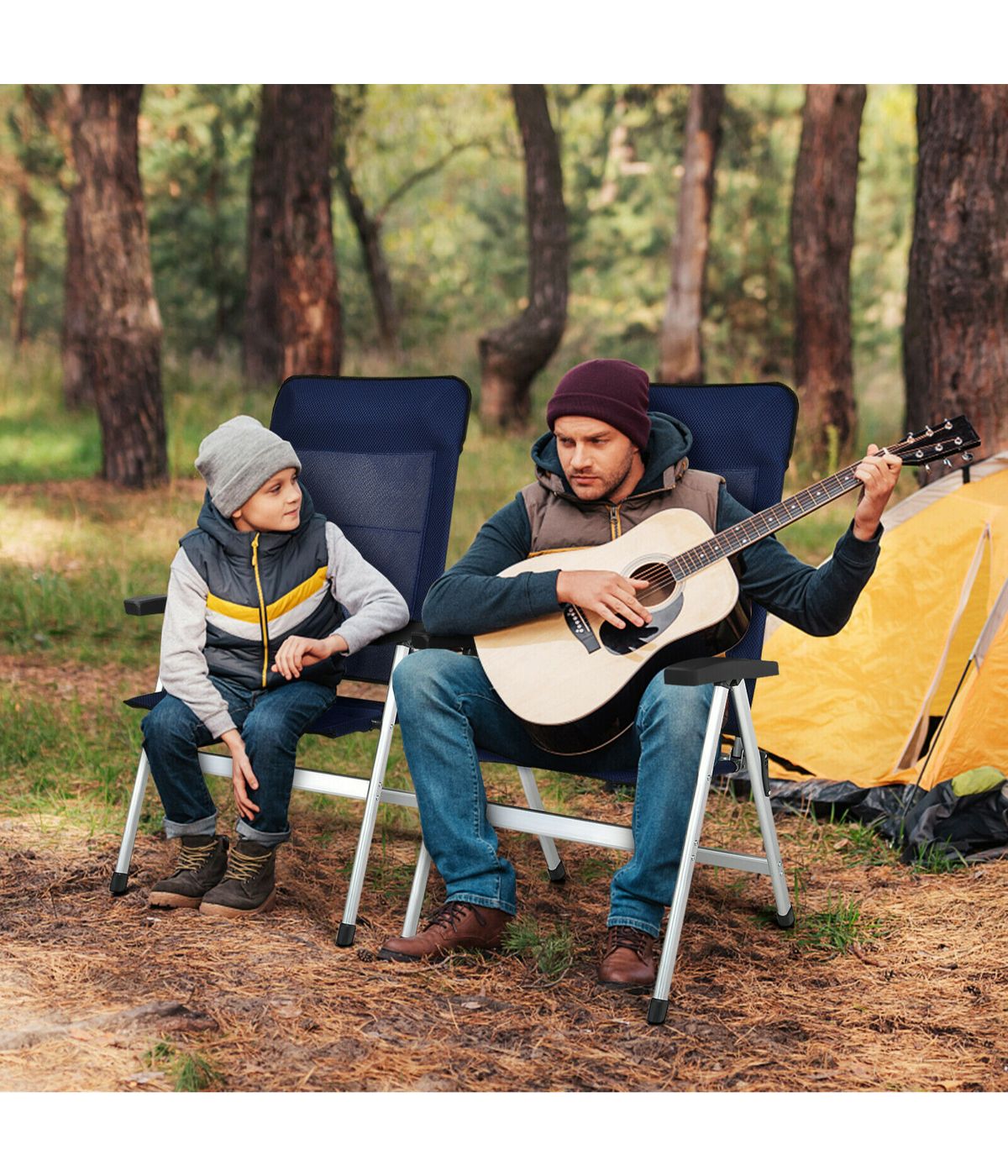 Patio Dining Aluminum Camping Chair With Adjustible Portable Headrest Set of 2 Navy