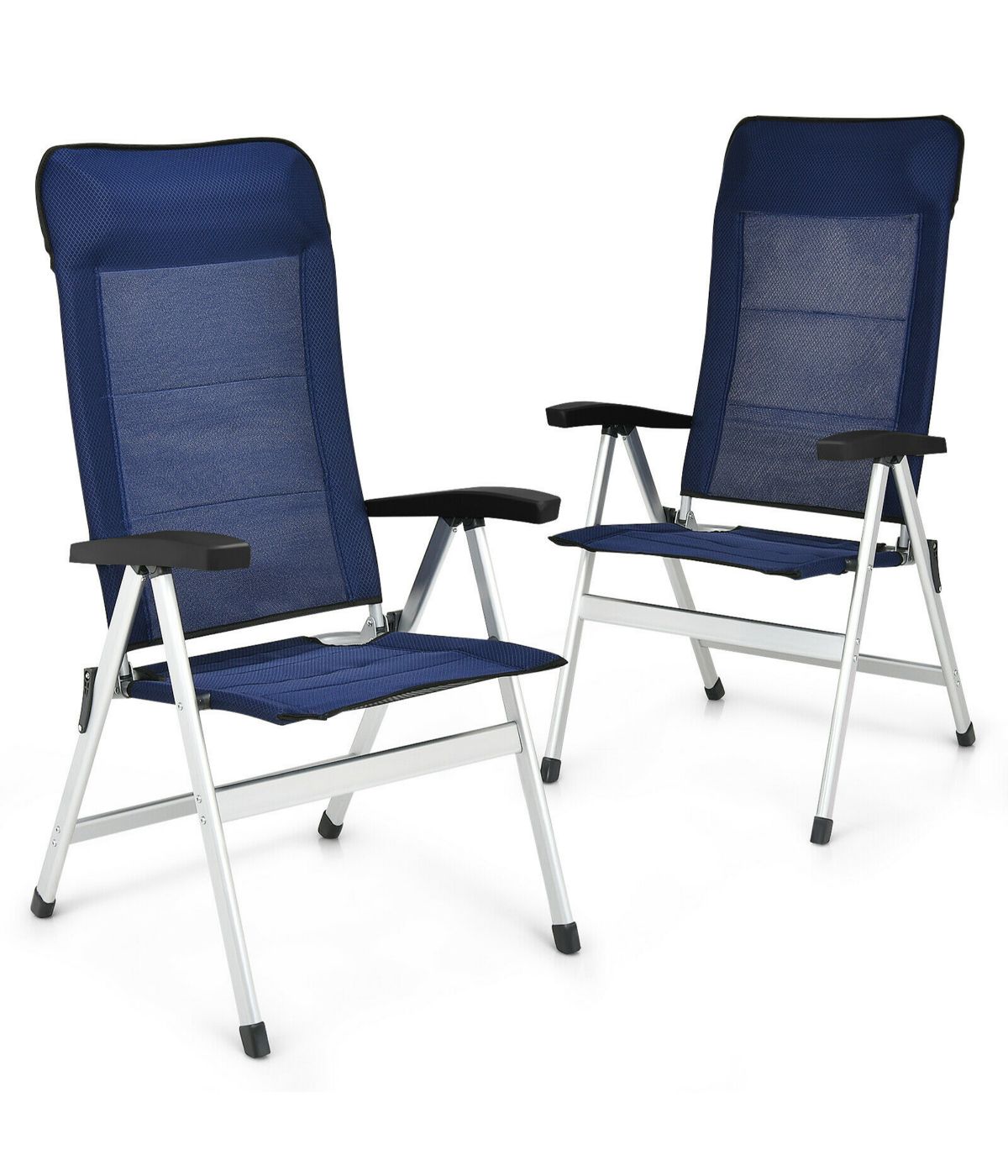 Patio Dining Aluminum Camping Chair With Adjustible Portable Headrest Set of 2 Navy