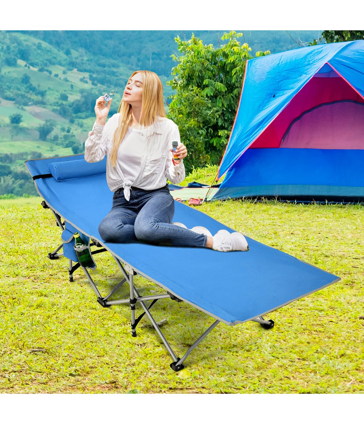 Folding Camping Cot Heavy-Duty Outdoor Bed With Side Storage Pocket Blue