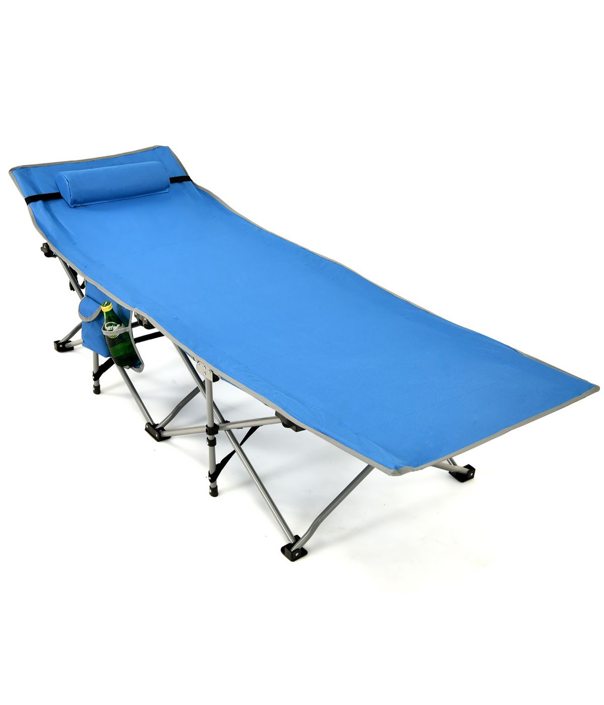 Folding Camping Cot Heavy-Duty Outdoor Bed With Side Storage Pocket Blue