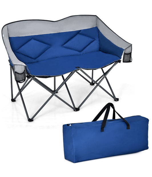 Folding Camping Double Loveseat Chair With Bag & Padded Backrest Blue