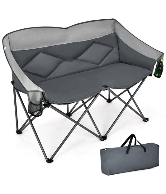 Folding Camping Double Loveseat Chair With Bag & Padded Backrest Gray