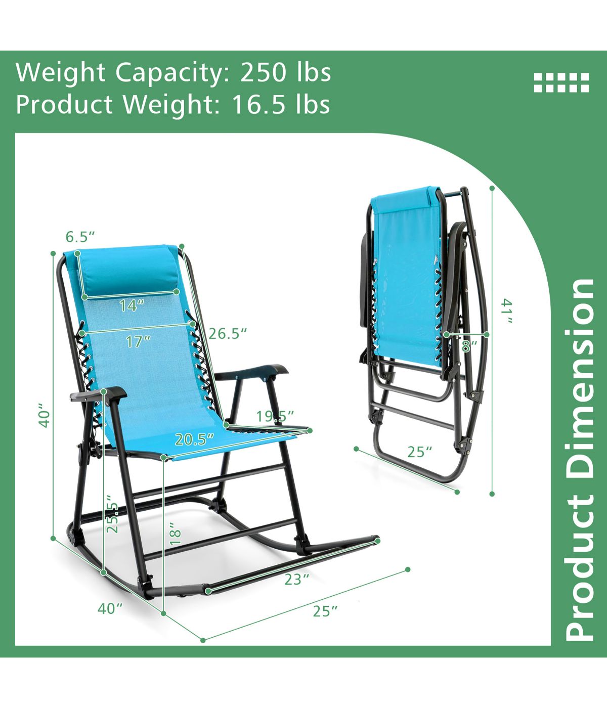 Patio Folding Camping Rocking Chair For Footrest Outdoor Blue