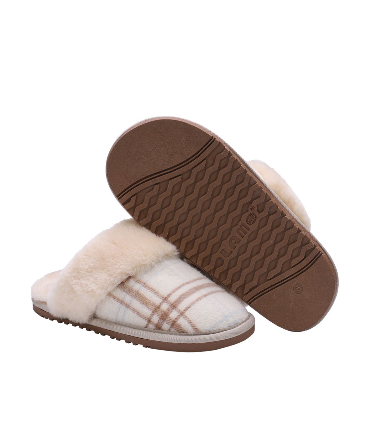 Ladies Classic suede Scuff slipper Cream Plaid