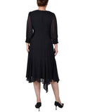 Petite 3/4 Sleeve Belted Chiffon Hankerchief Hem Dress 1