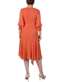 Petite 3/4 Sleeve Belted Chiffon Hankerchief Hem Dress 1