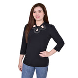 Petite 3/4 Sleeve Top With Studded Keyhole