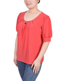 Petite Short Sleeve Balloon Sleeve Top With Hardware