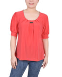 Petite Short Sleeve Balloon Sleeve Top With Hardware