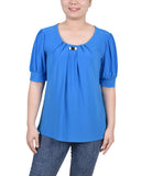 Petite Short Sleeve Balloon Sleeve Top With Hardware