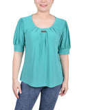 Petite Short Sleeve Balloon Sleeve Top With Hardware