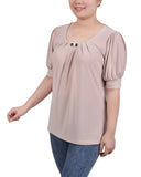 Petite Short Sleeve Balloon Sleeve Top With Hardware