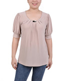 Petite Short Sleeve Balloon Sleeve Top With Hardware