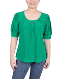 Petite Short Sleeve Balloon Sleeve Top With Hardware