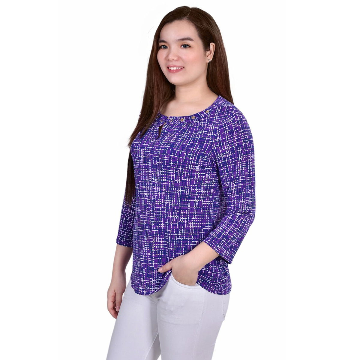 Petite 3/4 Sleeve Grommet Top.