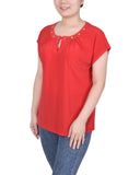 Petite Short Extended-Sleeve Grommet Neck Knit Top