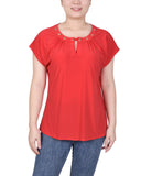 Petite Short Extended-Sleeve Grommet Neck Knit Top