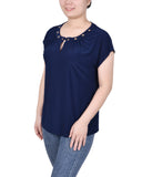 Petite Short Extended-Sleeve Grommet Neck Knit Top