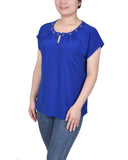 Petite Short Extended-Sleeve Grommet Neck Knit Top