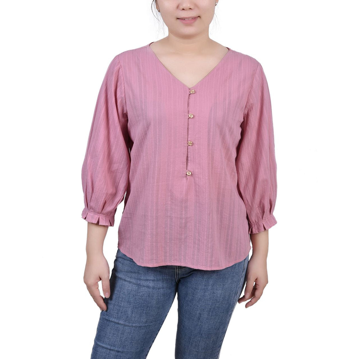 Petite 3/4 Sleeve Button Front Jacquard Blouse