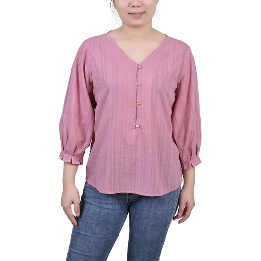 Petite 3/4 Sleeve Button Front Jacquard Blouse