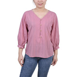 Petite 3/4 Sleeve Button Front Jacquard Blouse