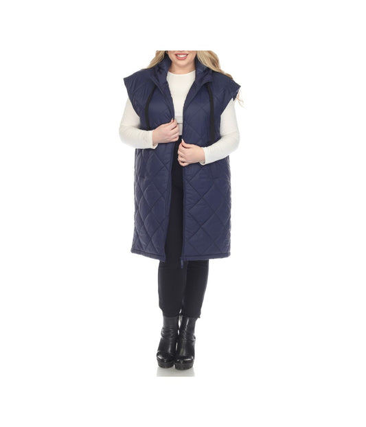 Plus Size Diamond Quilted Hooded Puffer Vest Navy