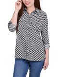 Petite 3/4 Sleeve Roll Tab Notch Collar Blouse